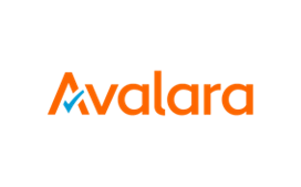 The Avalara logo. The word 'Avalara' is in orange text on a white background. A blue tick serves as the cross line in the first 'A'. 